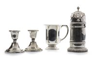 Lot 830 - A VICTORIAN SILVER SUGAR CASTER, SILVER CHRISTENING MUG AND SILVER INKSTAND