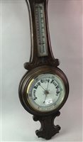 Lot 158 - A WHEEL BAROMETER WITH THERMOMETER