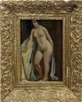 Lot 716 - STANDING NUDE, AN OIL BY WILLIAM CROSBIE