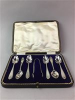 Lot 15 - A CASED SET OF SIX DANIEL & ARTER SILVER TEASPOONS AND TONGS, with Birmingham marks for 1922, 120g