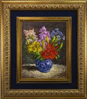Lot 463 - MIXED BOUQUET IN A BLUE AND WHITE VASE, AN OIL BY FRANCESCO FILOSA