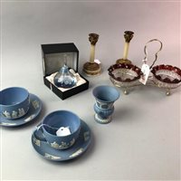 Lot 99 - A CAITHNESS PAPERWEIGHT, CANDLESTICKS, CUPS AND SAUCERS AND TWO PRESERVE DISHES