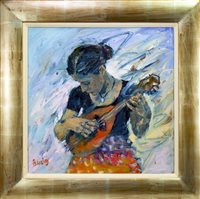 Lot 724 - THE MADRID MANDOLIN, AN OIL BY MURIEL BARCLAY