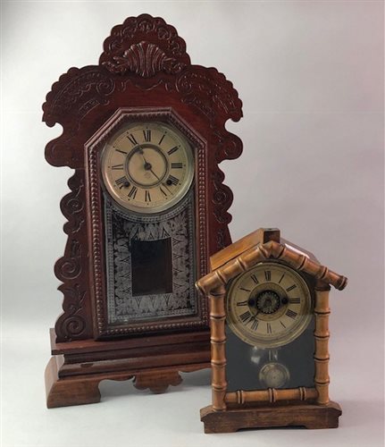 Lot 161 - AN AMERICAN 'GINGERBREAD' SHELF CLOCK AND ANOTHER CLOCK