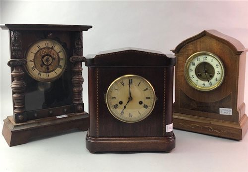 Lot 163 - AN INLAID MAHOGANY MANTEL CLOCK AND TWO OTHER CLOCKS