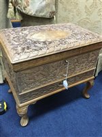 Lot 2 - AN ANGLO-INDIAN CARVED TEAK SEWING BOX AND A CARVED WOOD BOX