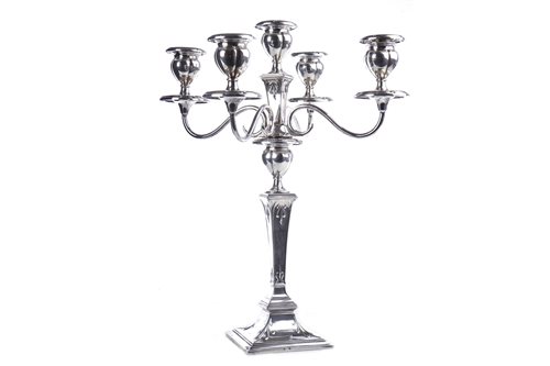 Lot 834 - A GEORGE V SILVER FIVE BRANCH CANDELABRUM OF NEOCLASSICAL DESIGN