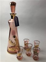 Lot 175 - A PINK GLASS DECANTER WITH FIVE GLASSES, TWO GLASS POSY HOLDERS AND OTHER GLASS ITEMS