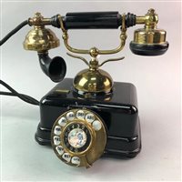 Lot 282 - A TELEPHONE, BRASS TABLE LAMP, HAND BELL, CARRIAGE CLOCK AND A SERVING TRAY