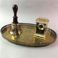 Lot 282 - A TELEPHONE, BRASS TABLE LAMP, HAND BELL, CARRIAGE CLOCK AND A SERVING TRAY