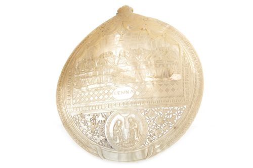 Lot 864 - A VICTORIAN MOTHER OF PEARL SHELL CARVED WITH A SCENE OF THE LAST SUPPER