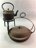 Lot 312 - A LOT OF THREE VICTORIAN GRIDLES, TWO IRONS, A PAN AND A KETTLE ON STAND