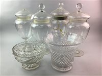 Lot 313 - A SET OF FOUR GLASS JARS, A CRYSTAL BOWL AND A GLASS BOWL
