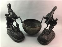Lot 314 - A PAIR OF SPELTER MARLEY HORSE FIGURES AND AN INDIAN BRASS PLANTER