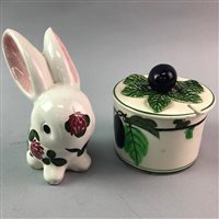 Lot 332 - A PLUM AND CHERRY DISH AND A MASONS JUG WITH OTHER CERAMICS