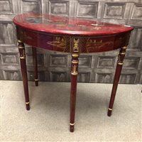 Lot 334 - A CHINESE HALF MOON HALL TABLE WITH A NEST OF LACQUERED TABLES