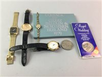 Lot 365 - A LOT OF COMMEMORATIVE COINS, A PEN AND PENCIL SET AND WRIST WATCHES