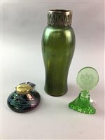 Lot 386 - A GREEN IRIDESCENT VASE, INKSTAND AND A GLASS PERFUME BOTTLE