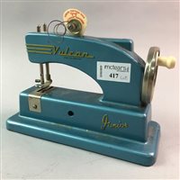 Lot 417 - RETRO JUNIORS VULCAN SEWING MACHINE WITH OTHER VINTAGE ITEMS INCLUDING A FOLDING CAMERA