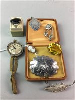 Lot 421 - A SILVER FOB, THREE BROOCHES AND COSTUME JEWELLERY