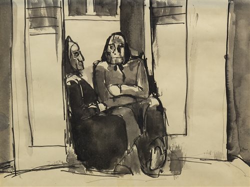 Lot 507 - IN THE DOORWAY, AN INK AND WASH BY JOSEF HERMAN
