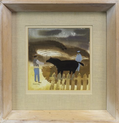 Lot 509 - MEN AND HORSE, A GOUACHE BY MARY FEDDEN