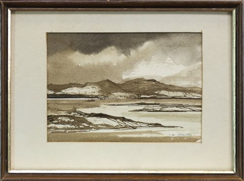 Lot 511 - SCOTTISH LANDSCAPE WITH LOCH,  A WATERCOLOUR BY TOM SHANKS