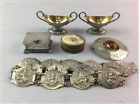 Lot 469 - A PLATED PLAID BROOCH, HORN SNUFF BOX, SALT CELLARS ETC