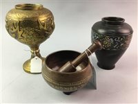 Lot 487 - A CHINESE SINGING BOWL, BRONZE VASE AND A BRASS URN