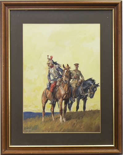 Lot 493 - A FRENCH CUIRASSIER AND A MOUNTED BRITISH STAFF OFFICER, A GOUACHE BY LIONEL EDWARDS
