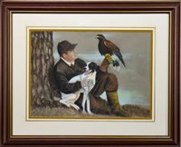 Lot 652 - A MAN, EAGLE AND DOG, A PASTEL BY JAMES F HAMILTON