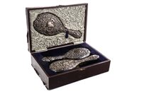 Lot 852 - A VICTORIAN SILVER THREE PIECE DRESSING TABLE SET