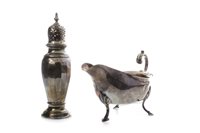 Lot 854 - A GEORGE V SILVER SUGAR CASTER AND AN IRISH SILVER SAUCE BOAT