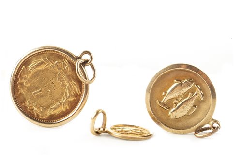 Lot 273 - A GOLD USA ONE DOLLAR PENDANT AND TWO OTHER PENDANTS
