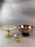 Lot 15 - A LOT OF TWO YELLOW GLASS TAZZAS AND A COPPER BOWL