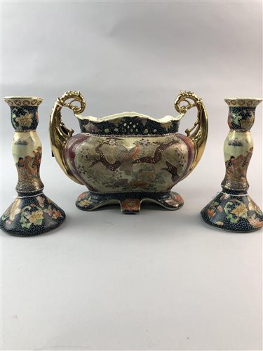 Lot 214 - A CHINESE DOUBLE HANDLED COMPORT AND A PAIR OF SIMILARLY DECORATED CANDLESTICKS