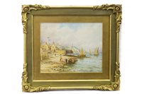 Lot 418 - SHORE SCENE WITH BOATS AND FIGURES, A WATERCOLOUR BY CLAUDE WANE