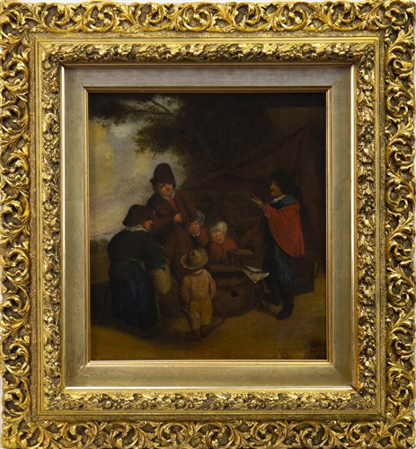 Lot 667 - EXTERIOR GENRE SCENE WITH SIX FIGURES, AN OIL ON LATE 17TH CENTURY OAK PANEL
