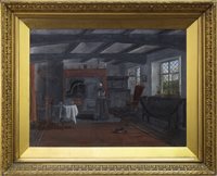 Lot 426 - INTERIOR SCENE OF A WOMAN BEFORE A FIREPLACE, AN OIL BY EVELYN GARDNER