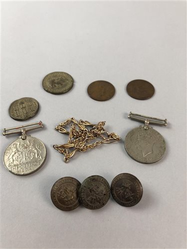 Lot 21 - A COLLECTION OF COINS, MEDALS, BUTTONS AND A WATCH CHAIN