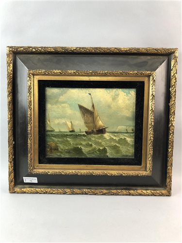 Lot 72 - BRITISH SCHOOL, SAILING BOATS IN STORMY SEA, AN OIL ON CANVAS