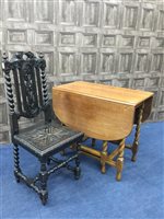 Lot 116 - A 19TH CENTURY CARVED OAK CHAIR AND AN OAK DROP LEAF TABLE