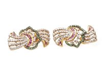 Lot 38 - A PAIR OF RED, GREEN AND WHITE GEM SET EARRINGS