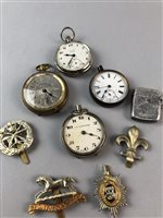 Lot 8 - A SILVER VESTA CASE, BADGES AND SIX POCKET WATCHES