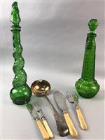Lot 87 - A LOT OF TWO GREEN GLASS DECANTERS AND SILVER PLATED CUTLERY