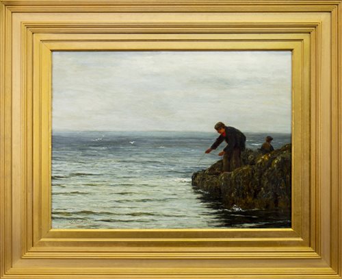 Lot 420 - BOY FISHING, AN OIL BY JOSEPH HENDERSON