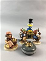 Lot 105 - A LOT OF THREE HUMMEL FIGURES, CURLING STONE PAPERWEIGHT, NOVELTY BANK AND OTHER CERAMICS