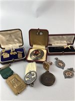 Lot 146 - A PAIR OF NINE CARAT GOLD CUFFLINKS, A FOB, TWO SILVER MEDALS AND OTHER ITEMS