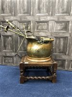 Lot 154 - A TRENCH ART SHELL, A COPPER SCUTTLE, A STOOL AND BRASS FIRE POKER SET