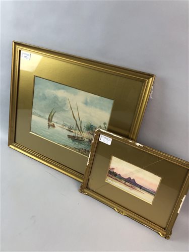 Lot 157 - CONTINENTAL SCHOOL, MOORED BOAT, ALONG WITH A WATERCOLOUR OF THE PYRAMIDS
